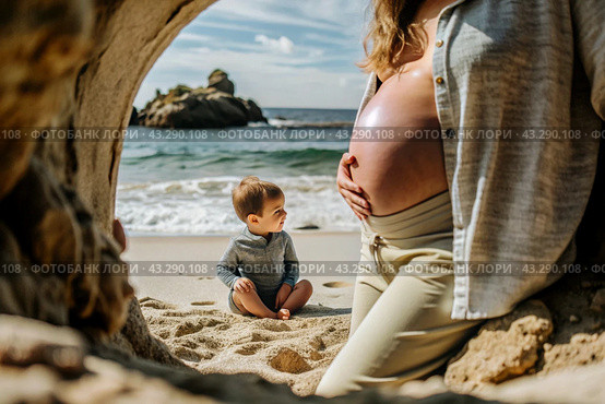 Relaxation, peace of mind, sea air. Close-up of the tummy. A pregnant woman on the beach by the sea. The concept of pregnancy, childbirth and parental responsibilities. Стоковое AI-изображение, AI-художник Photojuli / Фотобанк Лори
