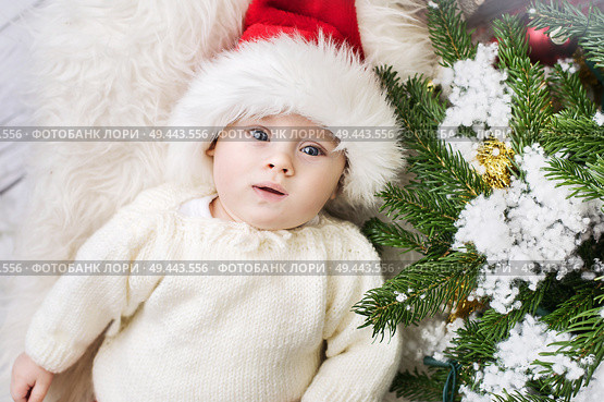 Relaxed little santa boy lying next to the pine. Стоковое фото, агентство Ingram Publishing / Фотобанк Лори