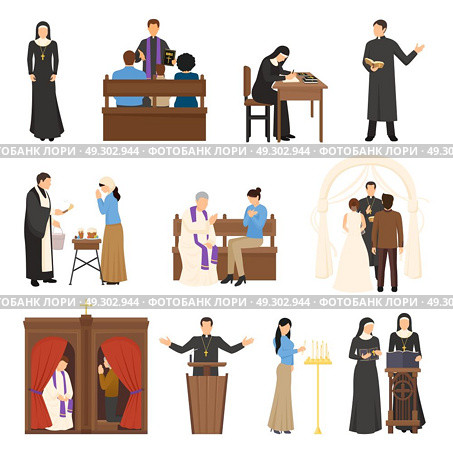 Religion Characters Set. Flat design religious characters set with pope nun priest clergyman reverend isolated on white background vector illustration. Стоковая иллюстрация, агентство Ingram Publishing / Фотобанк Лори