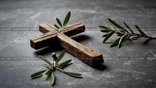 Religion, faith, liturgy, Ash Wednesday. Great lent. A wooden cross, a ceremonial bowl made of ash and an olive branch on a gray background. Стоковое AI-изображение, AI-художник Photojuli / Фотобанк Лори