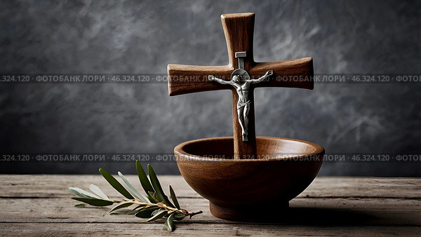Religion, faith, liturgy, Ash Wednesday. Great lent. A wooden cross, a ceremonial bowl made of ash and an olive branch on a gray background. Стоковое AI-изображение, AI-художник Photojuli / Фотобанк Лори