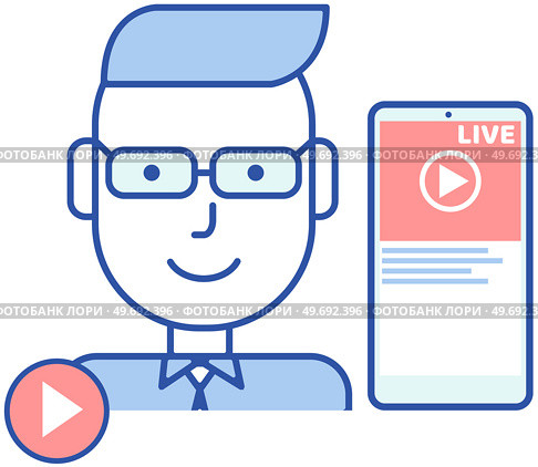 Remote broadcast app for smartphone. Distance chatting, internet video with followers and subscribers. Program for blogging, streaming online. Man watching or recording live broadcast, stream, vlog. Man watching or recording live broadcast, vlog. Program for streaming online with followers. Стоковая иллюстрация, агентство Ingram Publishing / Фотобанк Лори