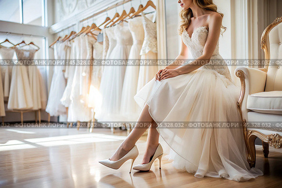 Rental and purchase of wedding dresses and shoes for events. Close-up. Elegant wedding shoes for the bride in a luxurious bridal salon store. Стоковое AI-изображение, AI-художник Photojuli / Фотобанк Лори