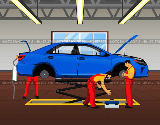 Repairing blue car in garage full of light window, lifted automobile without tires, auto mechanics working process fixing vehicle vector illustration. Repairing Blue Car in Garage Vector Illustration. Стоковая иллюстрация, агентство Ingram Publishing / Фотобанк Лори