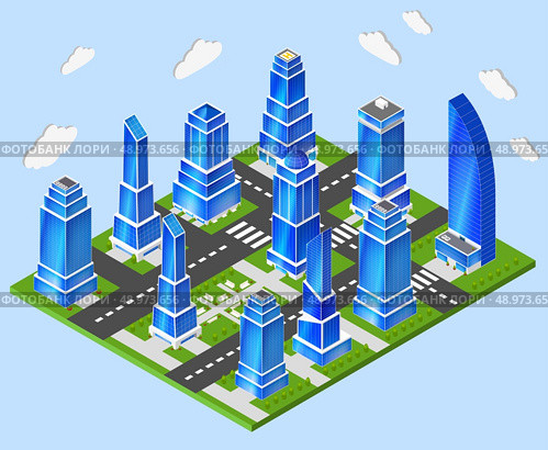 Residential and industrial downtown high rise tower buildings city center 3d block composition prototype model layout planning. Стоковая иллюстрация, агентство Ingram Publishing / Фотобанк Лори