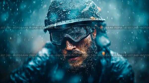 Resilience in adversity: worker endures the storm, showcasing grit, determination, and the relentless spirit of labor in challenging conditions. Стоковое AI-изображение, AI-художник Данила Большаков / Фотобанк Лори