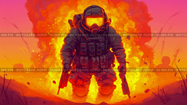 Resilient Operative in a Blazing War Zone: An Armored Soldier with Gas Mask and Weapons Amidst Explosions and Fiery Chaos. Стоковое AI-изображение, AI-художник Данила Большаков / Фотобанк Лори