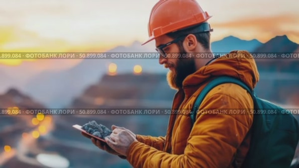 Resource professional in safety gear assessing mineral samples on a tablet at a sprawling industrial excavation. Стоковое AI-видео, аниматор Данила Большаков / Фотобанк Лори