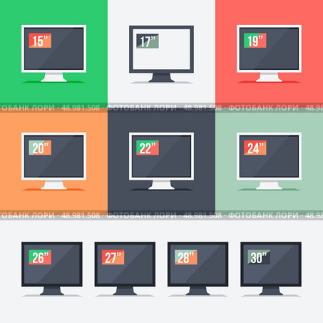 Responsive web design on monitors with different aspect ratio size 15" 24" 27" 17" in flat design. Set for web and mobile applications. Стоковая иллюстрация, агентство Ingram Publishing / Фотобанк Лори