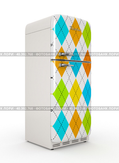 Retro fridge isolated white background 3D rendering. Стоковая иллюстрация, иллюстратор Hemul / Фотобанк Лори