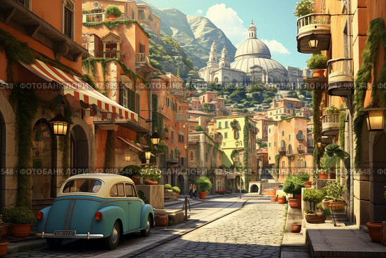 Retro italian landscape. Generate Ai. Стоковое AI-изображение, AI-художник Иван Рябоконь / Фотобанк Лори