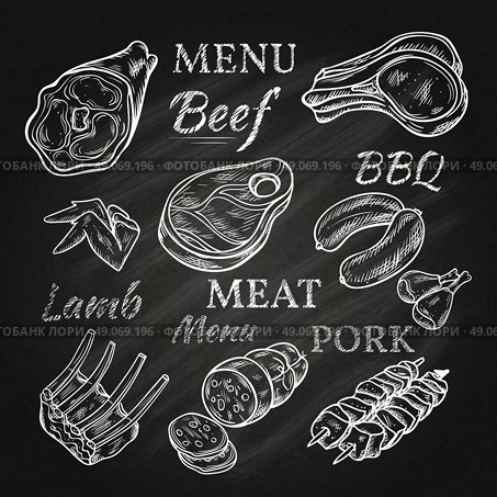Retro Meat Menu Icons On Chalkboard. Retro meat menu icons on chalkboard with lamb chops sausage wieners pork ham skewers gastronomic products isolated vector illustration. Стоковая иллюстрация, агентство Ingram Publishing / Фотобанк Лори