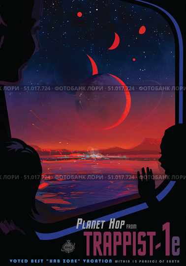 Retro space travel poster of viewers observing the TRAPPIST-1e exoplanet. Стоковое фото, фотограф Stocktrek Images, Inc. / ТАСС / Фотобанк Лори