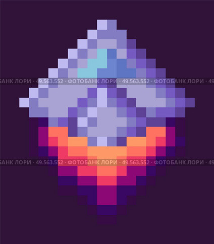 Retro spaceship, pixel art sign in 8 or 16 bit game in dark night sky. Vector starship in universe, pixel-art play and burning rocket ship on purple, pixelated cosmic object for mobile app games. Retro Spaceship, Pixel Art Game Rocket at Night. Стоковая иллюстрация, агентство Ingram Publishing / Фотобанк Лори