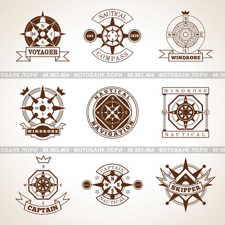 Retro style nautical skipper compass label set with isolated vector illustration. Compass Label Set. Стоковая иллюстрация, агентство Ingram Publishing / Фотобанк Лори