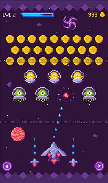 Retro-styled spacecraft battles alien enemies amidst a cosmic backdrop. Player-controlled spaceship shoots projectiles at rows of enemies, with planets and stars in background. Ideal for gaming. Retro Space Shooter Game Showcasing Player Spaceship Battling Alien Invaders in Pixel Art. Стоковая иллюстрация, агентство Ingram Publishing / Фотобанк Лори