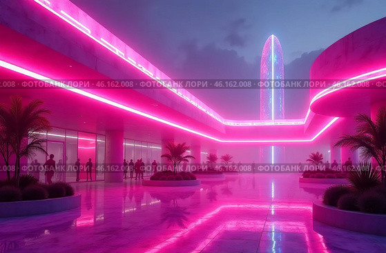 Retrofuturism interior of the building, free space street city. AI Generative. Стоковое AI-изображение, AI-художник Spirit River / Фотобанк Лори