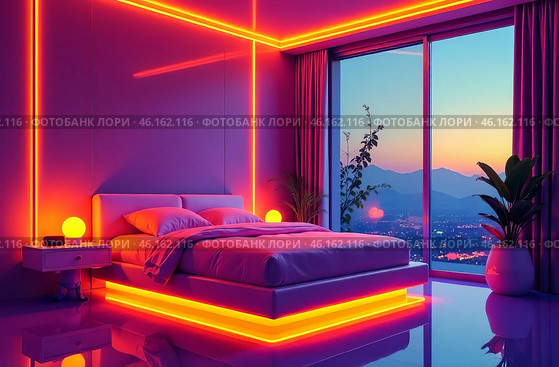Retrofuturism interior of the building, free space bedroom. AI Generative. Стоковое AI-изображение, AI-художник Spirit River / Фотобанк Лори