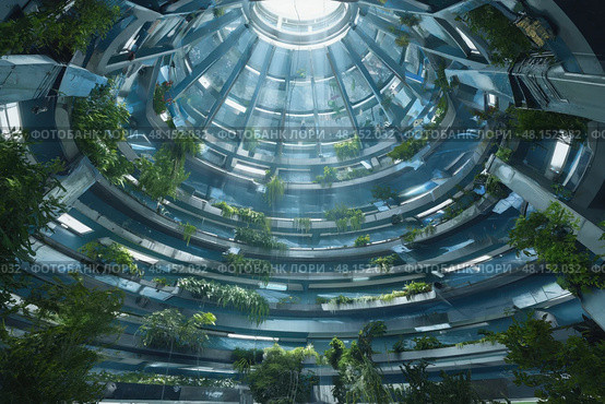 Retrofuturism interior of the building, free space structure. AI Generative. Стоковое AI-изображение, AI-художник Spirit River / Фотобанк Лори