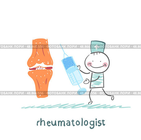rheumatologist with a syringe in his hand standing near the joint of the leg man. Стоковая иллюстрация, агентство Ingram Publishing / Фотобанк Лори