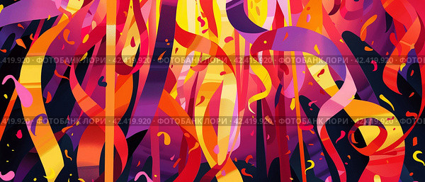 Ribbons background for Beltane celebration. Flat illustration. Horizontal banner 7:3. Стоковое AI-изображение, AI-художник Катерина Ковалева / Фотобанк Лори