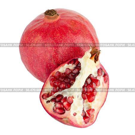 Ripe pomegranate fruit with half isolated on white background. Стоковое фото, агентство Ingram Publishing / Фотобанк Лори