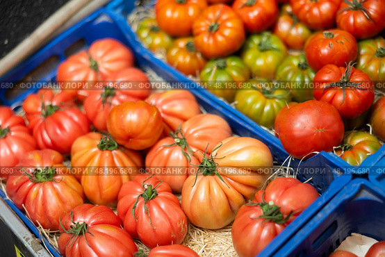 Ripe red tomatoes in crates for sale at market counter. Стоковое фото, фотограф Яков Филимонов / Фотобанк Лори