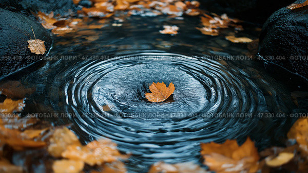 Rippling water disturbed by a fallen leaf in a serene autumn setting. Журчание воды, потревоженной опавшей листвой, в безмятежном осеннем пейзаже. Стоковое AI-изображение, AI-художник Katsiaryna Repich / Фотобанк Лори