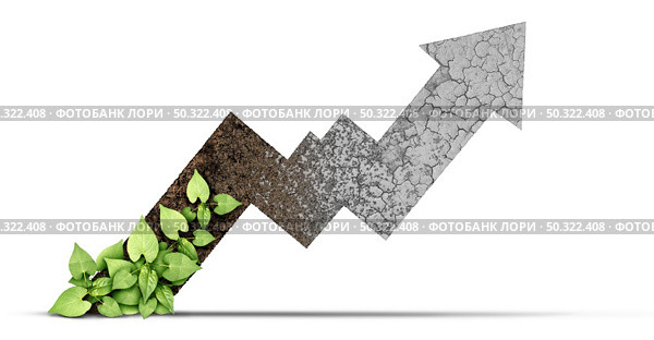 Rising Climate change and environmental changes cycle as rich moist organic earth with a growing young plants turning into dried or dry cracked land suffering from drought shaped as an upward arrow as a composite. Стоковое фото, агентство Ingram Publishing / Фотобанк Лори