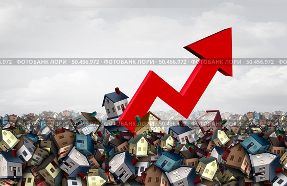 Rising Mortgage Rates and Increasing Mortgages or rise of home interest rate and house prices surging as housing borrowing costs increase due to inflation and financial crisis concept as aa financial graph arrow with 3D render elements. Стоковое фото, агентство Ingram Publishing / Фотобанк Лори