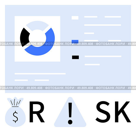 Risk analysis dashboard displaying pie chart and financial metrics. Words Risk highlighted by money bag and alert symbol. Ideal for finance, business, decision making, strategy, analysis, investment. Risk Analysis Dashboard with Pie Chart and Financial Metrics Alerting Potential Dangers. Стоковая иллюстрация, агентство Ingram Publishing / Фотобанк Лори