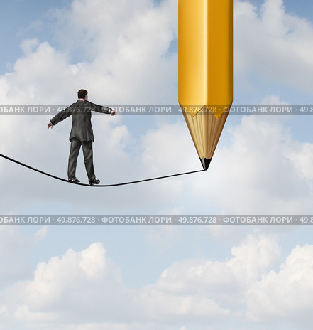 Risk planning and leadership solutions with a businessman walking on a dangerous tight rope with a pencil drawing the future path with the road ahead as a business concept of adapting to change for success. Стоковое фото, агентство Ingram Publishing / Фотобанк Лори