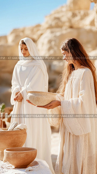 Ritual Ablution: Ancient woman offering water for cleansing ceremony, purity and tradition depiction. Стоковое AI-изображение, AI-художник Данила Большаков / Фотобанк Лори