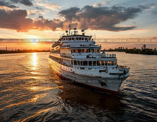 River passenger ship type "Rodina" (project 588) (manufacturer designation BiFa Typ A) is a three-deck passenger (cargo-passenger) long-distance ship. It is designed to work on river express passenger lines and make tourist cruises. The most numerous and successful of the mass series of river passenger ships in the USSR. Стоковое AI-изображение, AI-художник Сергей Елизарьев / Фотобанк Лори