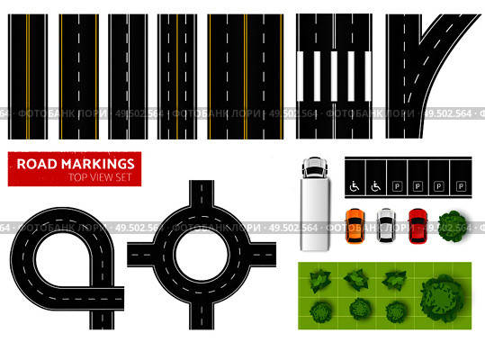Road cars trees top view set with isolated images of junction sections overpass cars and trees vector illustration. Стоковая иллюстрация, агентство Ingram Publishing / Фотобанк Лори