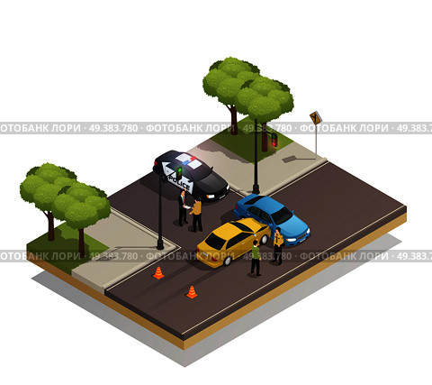 Road collision at intersection isometric composition with cars involved in traffic accident and police vehicle vector illustration . Road Collision Accident Isometric Composition . Стоковая иллюстрация, агентство Ingram Publishing / Фотобанк Лори