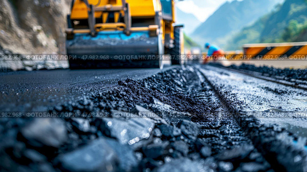 Road Construction with Heavy Machinery on a Sunny Day symbolizes progress in infrastructure and modern engineering. Стоковое AI-изображение, AI-художник Anastasy Yarmolovich / Фотобанк Лори