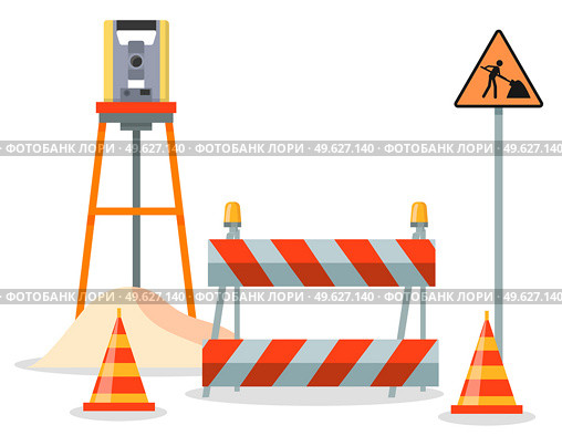 Road repair flat vector illustration. Under construction information sign. Maintenance and construction of pavement. Special equipment for fencing the way. Street barrier for roadwork and building. Road repair flat vector illustration. Special equipment for fencing the way, information sign. Стоковая иллюстрация, агентство Ingram Publishing / Фотобанк Лори
