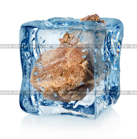 Roasted meat in ice cube isolated on a white background. Стоковое фото, агентство Ingram Publishing / Фотобанк Лори