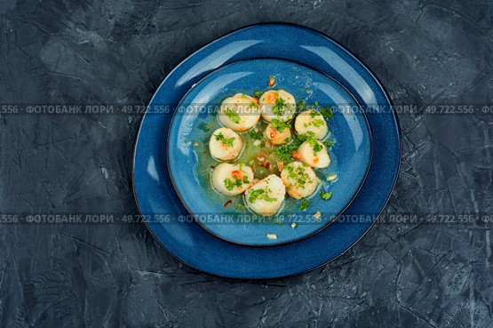 Roasted scallops with green on concrete background, seafood. Top view.. Fried scallops with butter sauce. Стоковое фото, агентство Ingram Publishing / Фотобанк Лори