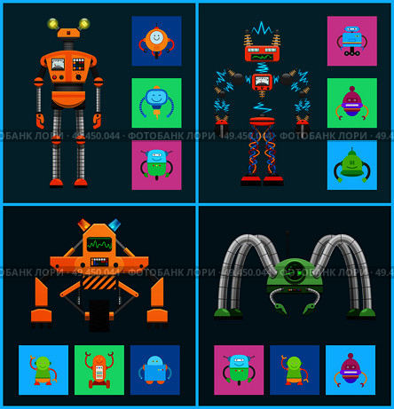 Robot collection icons robotic creatures with radar and electricity, types of robots set, mechanisms vector illustration isolated on blue background. Robot Collection with Icons Vector Illustration. Стоковая иллюстрация, агентство Ingram Publishing / Фотобанк Лори