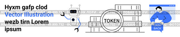 Robot greeting, cryptocurrency coin stacks labeled TOKEN, person with cash back illustration. Ideal for finance, technology, blockchain, AI, fintech, digital marketing, and rewards programs. Landing. Futuristic Robot, Digital Currency Stacks, and Cash Back Program Graphics. Стоковая иллюстрация, агентство Ingram Publishing / Фотобанк Лори