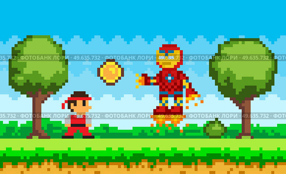 Robot in jet boots attacks cartoon character. Pixelated bot flying near ninja in suit. Pixel game design element. Pixel art game scene. Man looking at boss evil hero. Battle between guy and flying bot. Battle between guy and flying bot. Robot in jet boots attacks cartoon character, ninja in suit. Стоковая иллюстрация, агентство Ingram Publishing / Фотобанк Лори