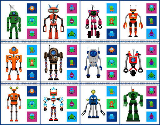 Robot industry collection, vector illustrations isolated on white backdrop, humanoids and droids set, robots with lamps, buttons and info dashboards. Robot Industry Collection, Vector Illustrations. Стоковая иллюстрация, агентство Ingram Publishing / Фотобанк Лори