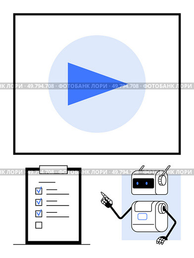 Robot pointing at screen with blue play button and completed checklist. Ideal for productivity, workflow, automation, efficiency, task management, technology, and tutorials. Line metaphor. Robot Presenting Completed Checklist and Video Play Button for Efficient Workflow Management. Стоковая иллюстрация, агентство Ingram Publishing / Фотобанк Лори