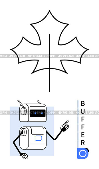 Robot pointing towards vertical buffer indicator, abstract maple leaf outline above. Ideal for technology, automation, measurement, nature themes, educational materials, environmental awareness. Robotic Character Pointing at Buffer Level Indicator with Abstract Maple Leaf Outline Above. Стоковая иллюстрация, агентство Ingram Publishing / Фотобанк Лори