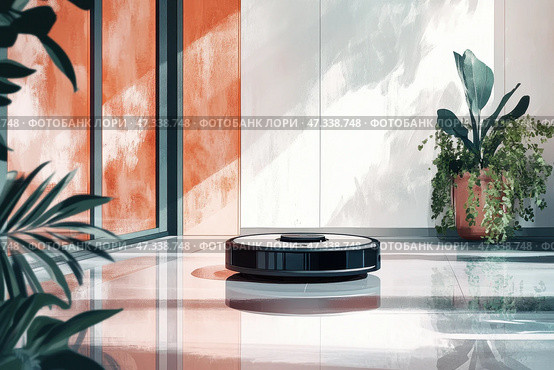 Robot vacuum cleaner working on the floor in a modern apartment. Стоковое AI-изображение, AI-художник Андрей Знаменский / Фотобанк Лори
