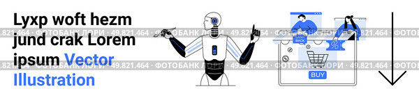 Robot with futuristic capabilities interacting with an online shopping interface, including a shopping cart and customer support avatars. Ideal for AI integration, e-commerce, customer service. Robotic Assistant in Online Shopping Interface with Futuristic AI Interactions and Easy Navigation. Стоковая иллюстрация, агентство Ingram Publishing / Фотобанк Лори