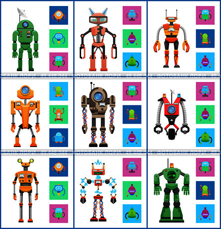 Robot with screens and wheels, collection of mechanisms and robotic creatures set, cyborgs and robot vector illustration isolated on white background. Robot with Screens and Wheels Vector Illustration. Стоковая иллюстрация, агентство Ingram Publishing / Фотобанк Лори