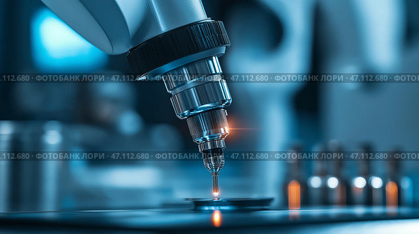 Robotic arm executes precise operation in advanced technological lab environment. Роботизированная рука деликатно выполняет сложную задачу в сложной лаборатории, с точностью фокусируясь на замысловатых деталях. Сюжет демонстрирует передовые технологии в работе. Стоковое AI-изображение, AI-художник Katsiaryna Repich / Фотобанк Лори